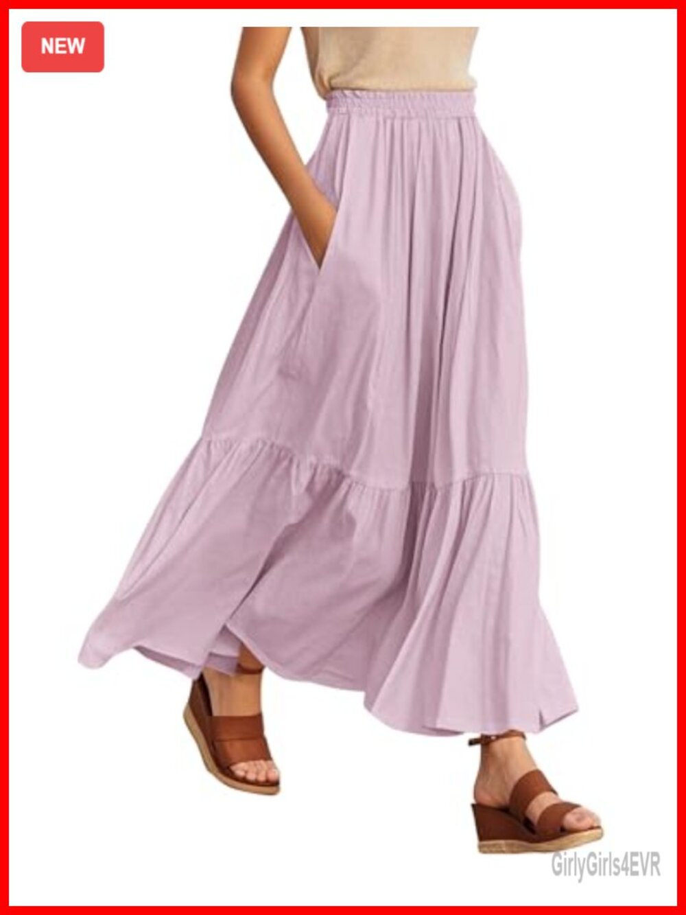 Boho Maxi Skirt Elastic Waist Flowy A-Line Tiered Ruffle Hem with Pockets